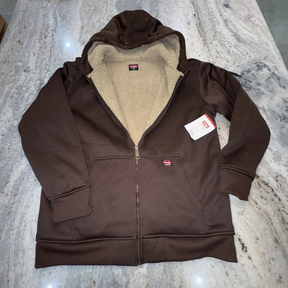 NWT Wrangler Men's Large Sherpa Lined Jacket Brown Workwear Full Zip Hoodie
